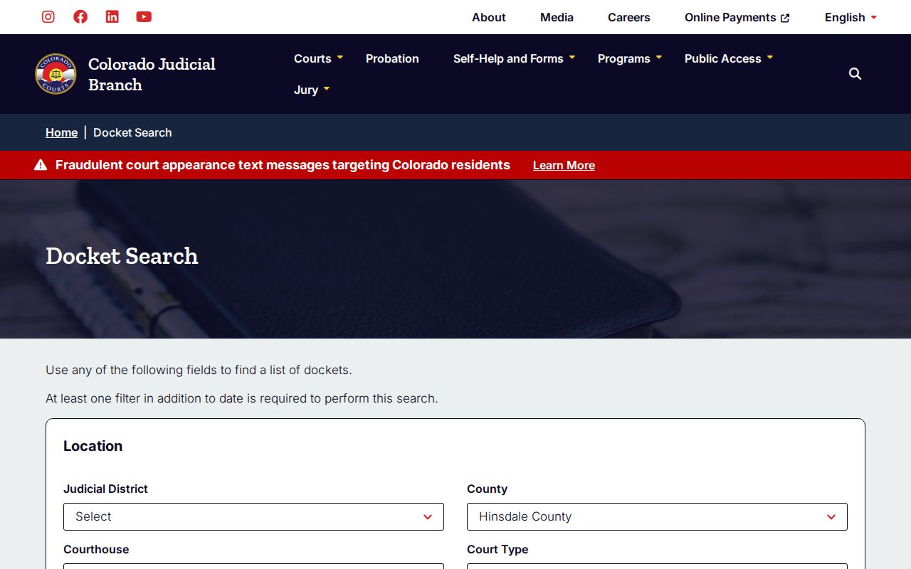 Colorado Judicial Branch Hinsdale County docket search filters