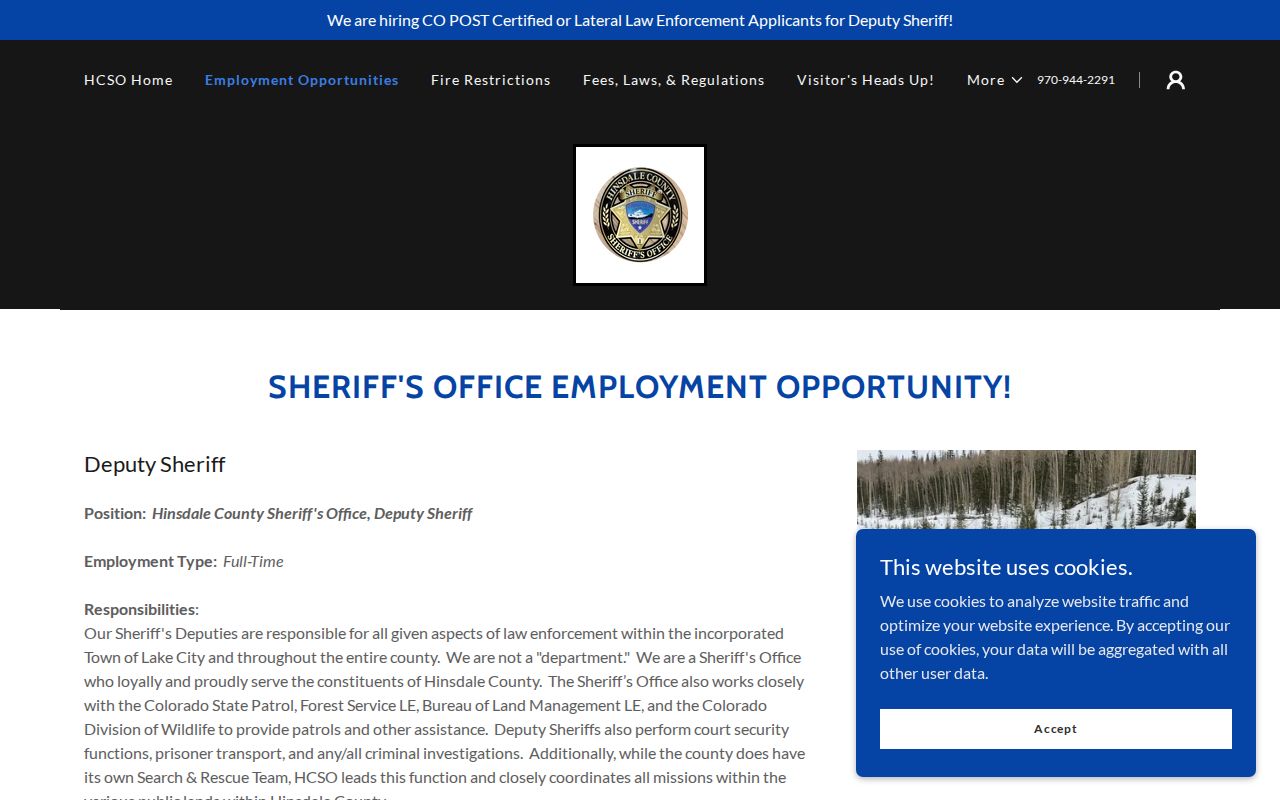 Hinsdale County Sheriff page describing countywide law enforcement and court services