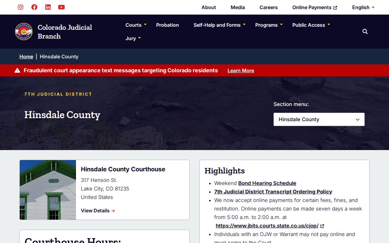 Official Hinsdale County court page with courthouse contact and warrant payment warning
