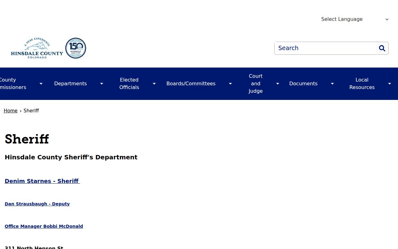 Official Hinsdale County sheriff contact page for public warrant service questions
